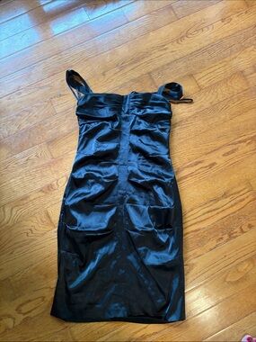 le chateau Black Satin Ruched Midi Dress with Adjustable Straps